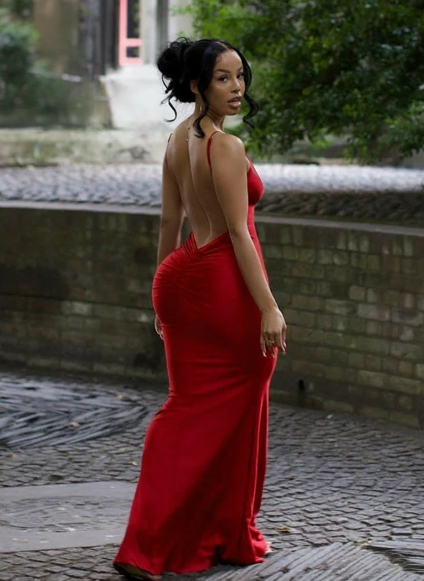 MidnightMuse – "The Siren’s Slip" | Glossy Maxi Slip Dress with Spaghetti Straps, Open Back & Deep V-Neck | Fluid Elegance for the Night